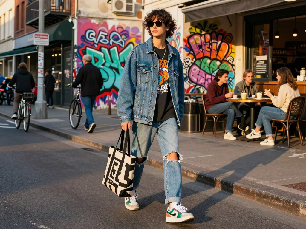 Stylish urban fashion scene with individual showcasing bro138 trend in city setting.