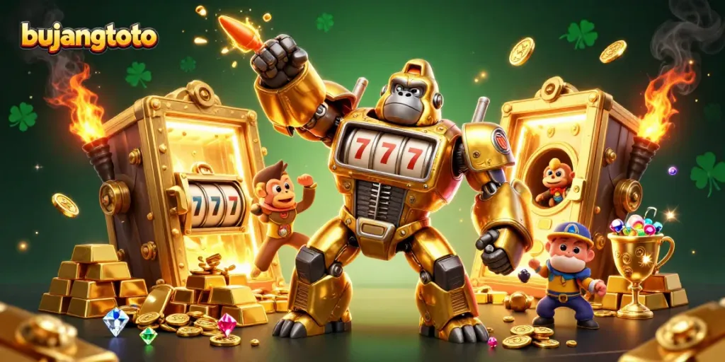 Bujangtoto's golden gorilla mech celebrates with treasure vaults and vivid gems exploding in the casino adventure.