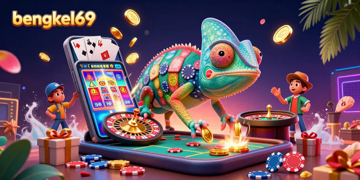 Bengkel69 features a vibrant illustration of a chameleon casino owner surrounded by dynamic gaming elements.