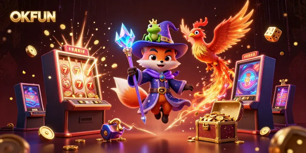 Engage with OKFUN's exciting gaming action, featuring a casino-themed wizard and phoenix amidst golden coins and slot machines.