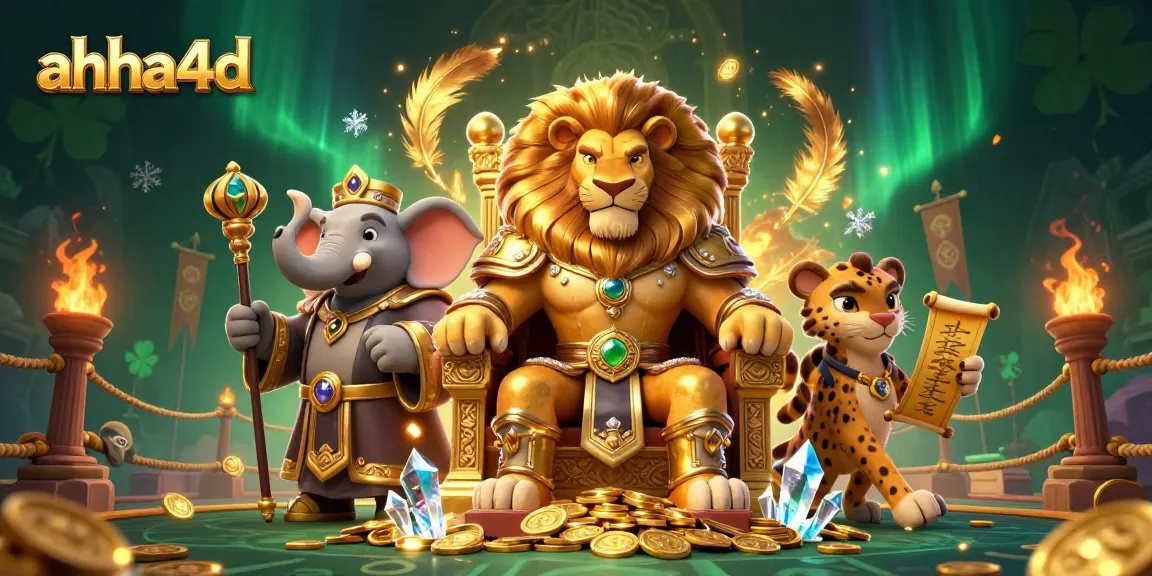 Engage in AHHA4D lottery predictions with a majestic lion king and dynamic gaming elements.