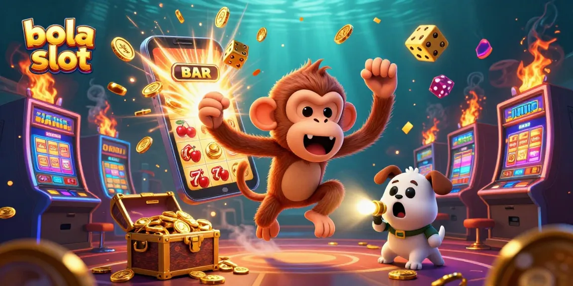 Experience the thrilling excitement of bola slot with a playful monkey and ghost-hunter puppy in a dynamic casino scene.