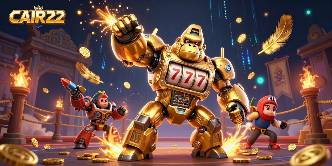Experience CAIR22's thrilling jackpot as a gorilla mech battles in a vibrant casino arena!