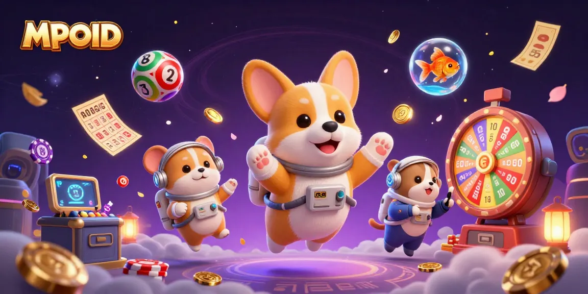 MPOID space casino experience with a floating corgi and lottery elements for thrilling gaming.