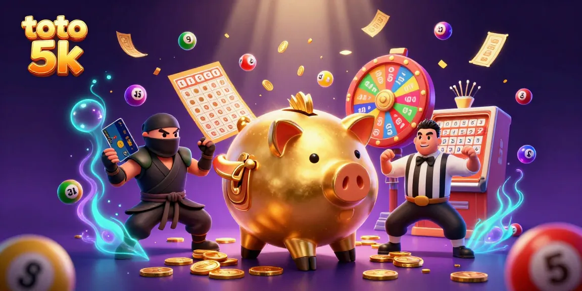 Engage with a vibrant toto 5k scene featuring a golden piggy bank sumo wrestler amidst colorful lottery elements.