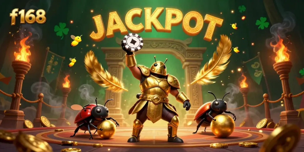 Experience an f168 victory as a gladiator beetle lifts a poker chip in an enchanting casino scene.