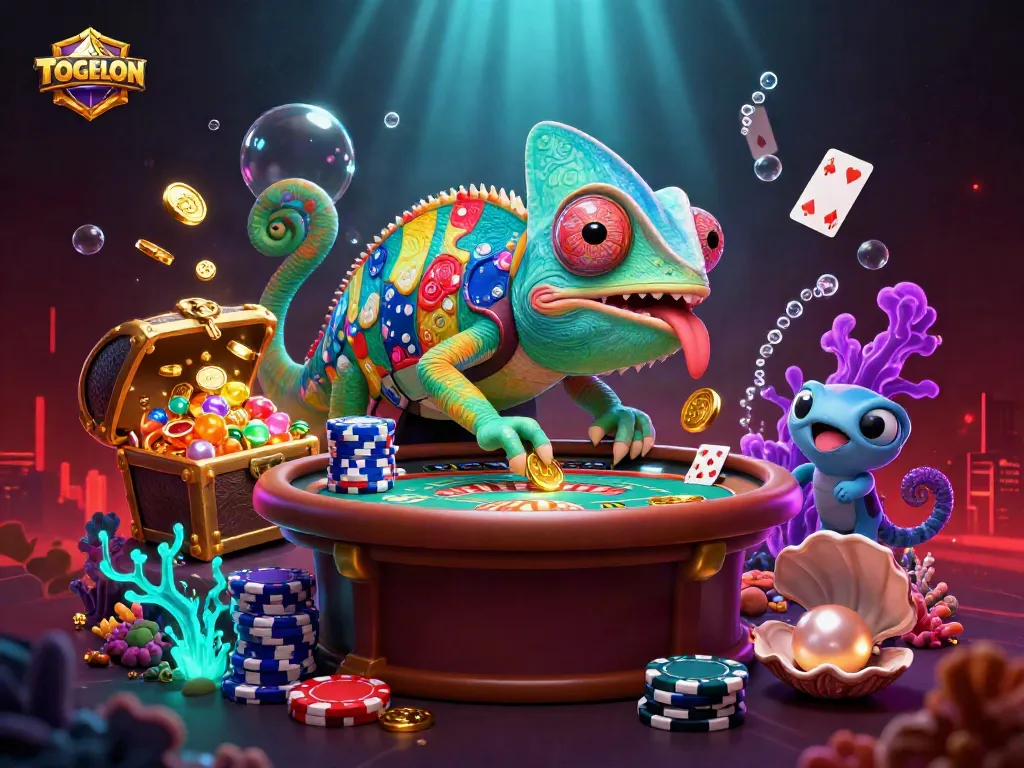 Engage with TOGELON's vibrant chameleon casino owner amidst a treasure-filled casino scene.