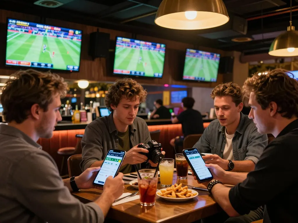 Join the excitement of uu88 bet in a vibrant sports bar atmosphere with fans analyzing their betting strategies.
