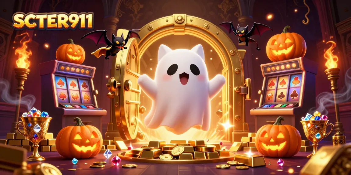 Experience winning thrills with SCATTER911 in this colorful haunted casino illustration.