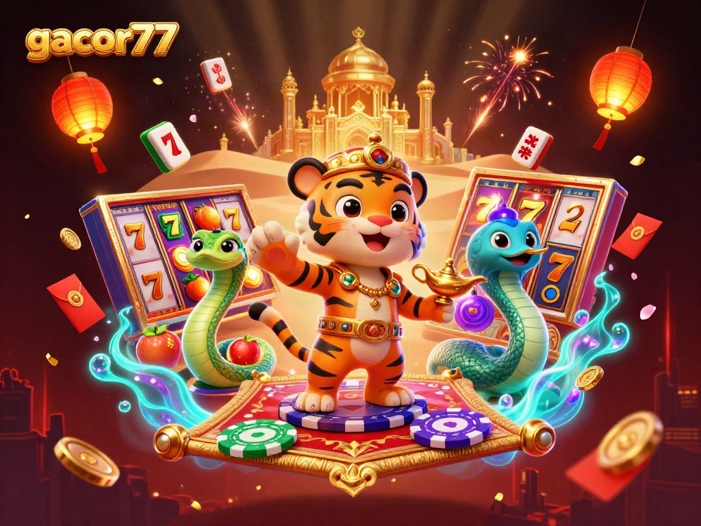 Menghadirkan gamifikasi gacor77 dengan sultan harimau dan elemen slot yang menyala.