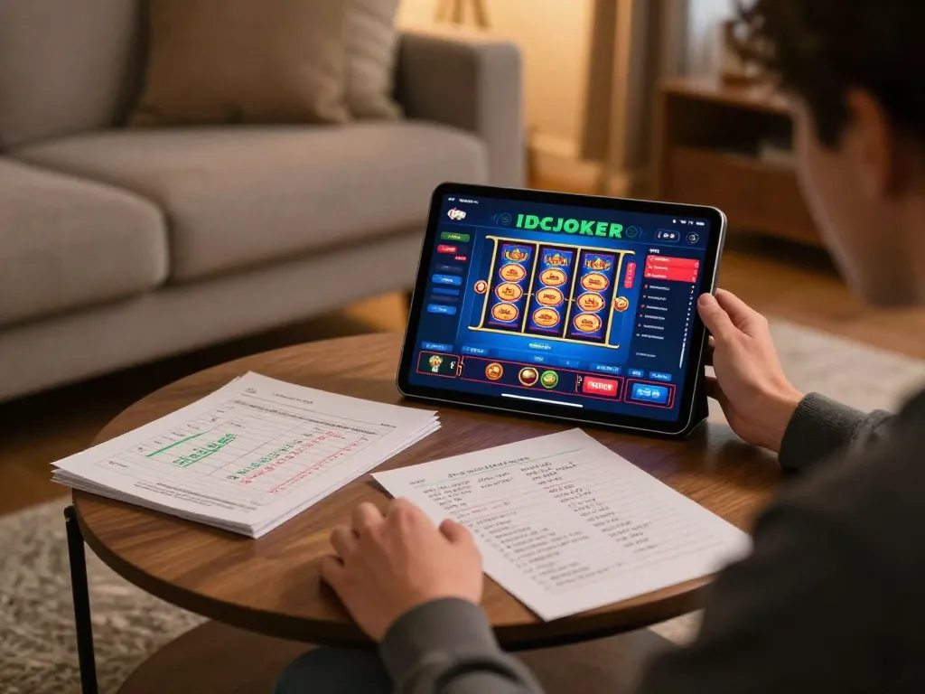 IDCJOKER player strategizing online slots with tablet in cozy home ambiance.
