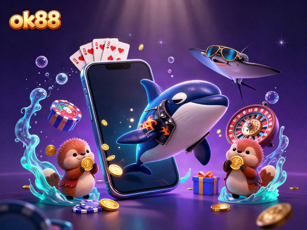 Experience thrilling gaming with ok88 as a 3D cartoon orca and friends celebrate their wins under the sea.