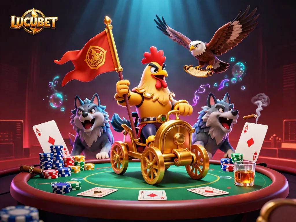 LUCUBET features a dynamic scene of a rooster warlord, poker elements, and rich casino atmosphere