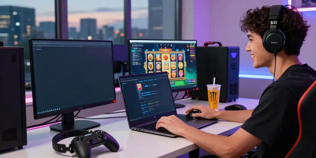 Pengguna QQGOBET menikmati pengalaman bermain game online dengan antarmuka modern dan aksesori gaming di meja stylish.