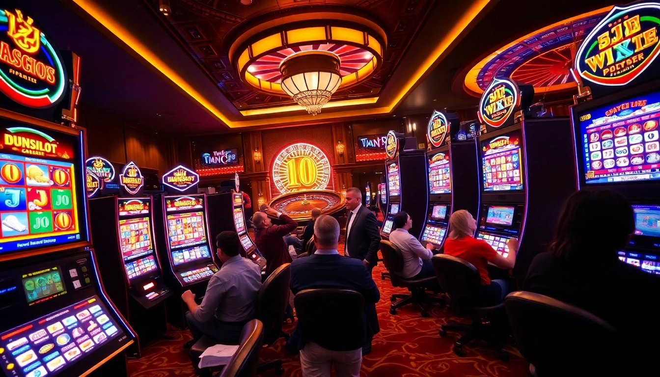 Excited players enjoy Idnslot games at vibrant casino slot machines, winning jackpots.
