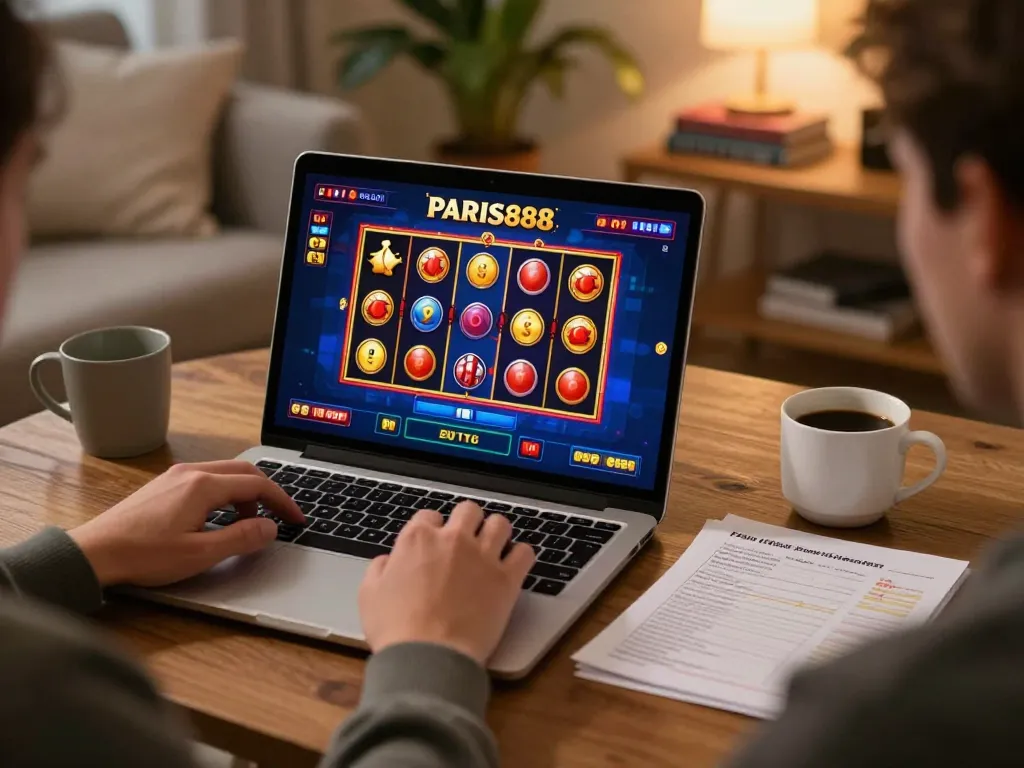 Engaging gameplay on Paris888 highlighted by a player enjoying online slots at home, showcasing vibrant game interface.