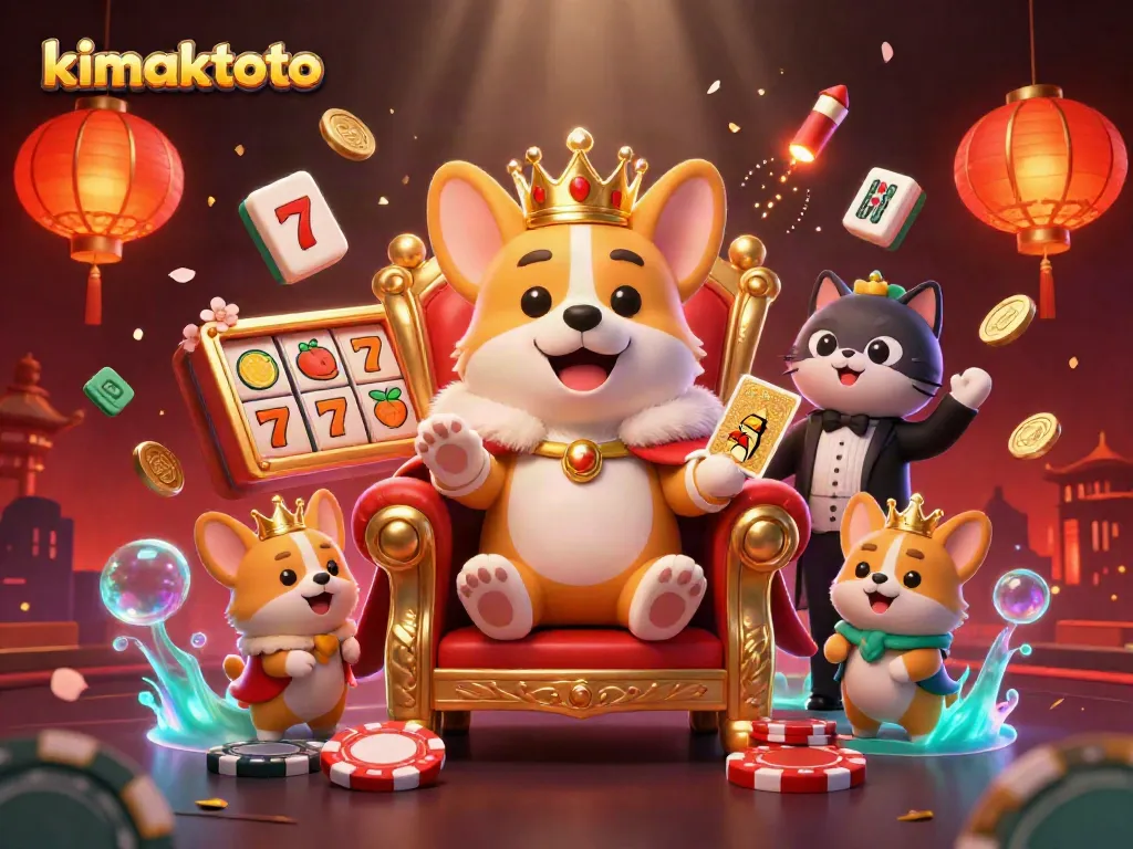 Experience the excitement of kimaktoto with a royal corgi on a throne surrounded by dynamic slot game elements.