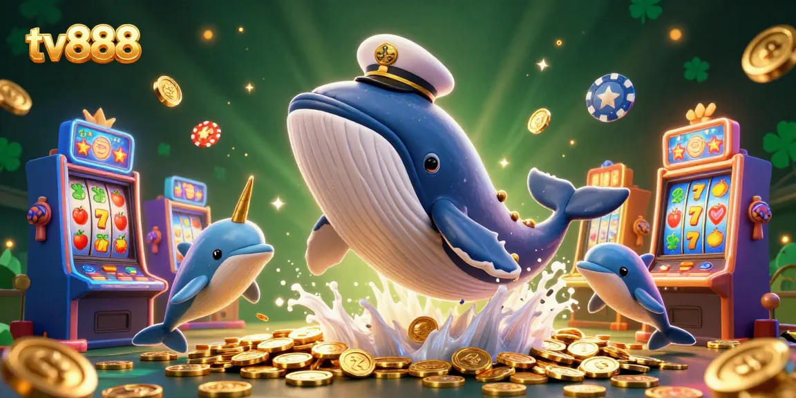 Play interactive games with tv888's ocean-themed illustration featuring a whale and playful dolphins.
