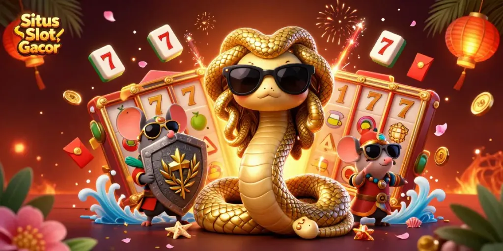 Situs Slot Gacor menghadirkan ilustrasi kasino 3D yang menampilkan Medusa dan elemen slot untuk pengalaman bermain yang memikat