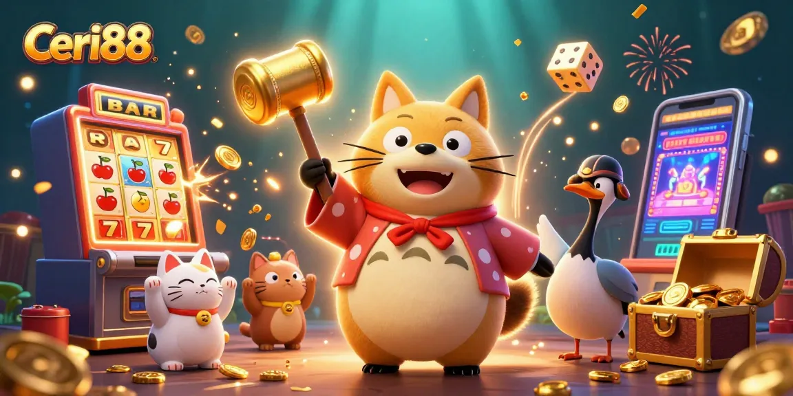 Memenangkan slot jackpot di Ceri88 bersama pemandangan kartun ceria dengan kucing keberuntungan.