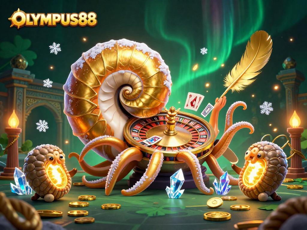 Engage with OLYMPUS88's vibrant casino scene featuring a giant nautilus roulette wheel and luminous ammonite companions.