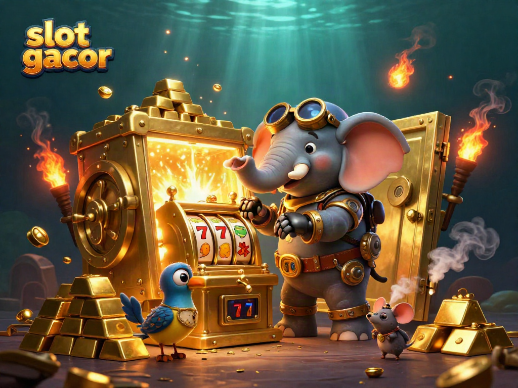 Experience thrilling gameplay with slot gacor as the steampunk elephant operates a golden slot machine in this vibrant scene.