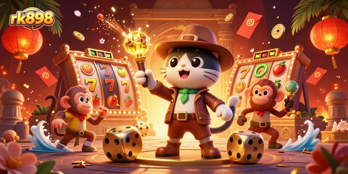 Experience the thrill of rk898 with stunning 3D cartoon casino visuals featuring lucky 7s and golden artifacts.