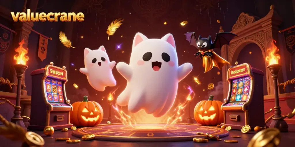 Nilai permainan Valuecrane di kasino dengan kucing hantu dan kelelawar berbaju emas.