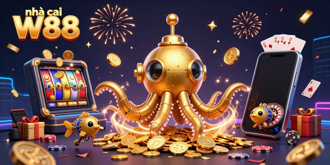 Experience thrilling adventures at nhà cái W88 with a vibrant celebration of games and imagination depicted in a dynamic underwater scene.
