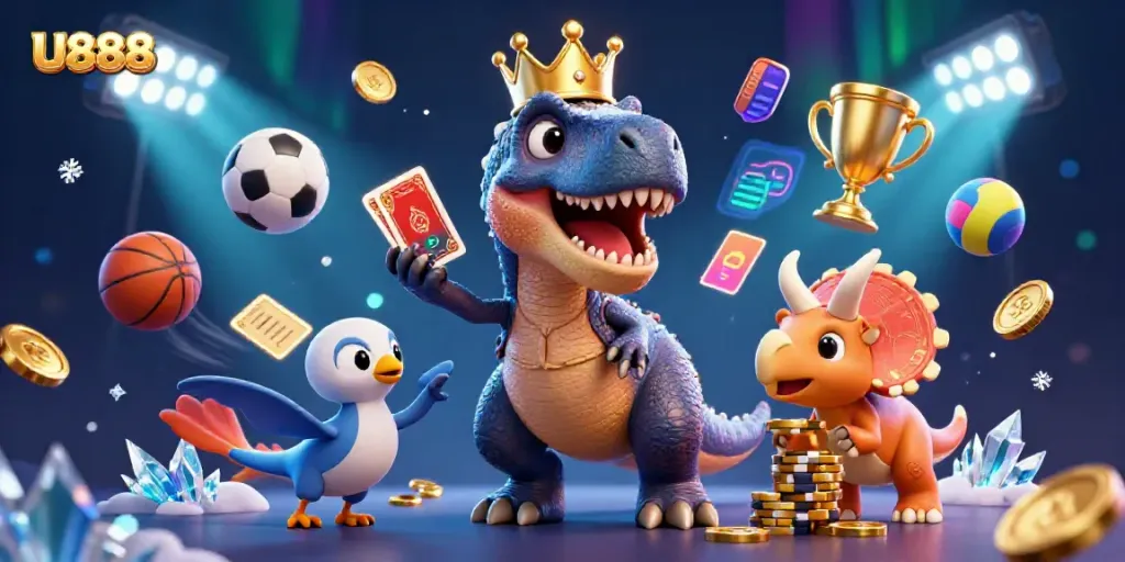 U888 T-Rex card game scene with playful characters and dynamic sports elements.