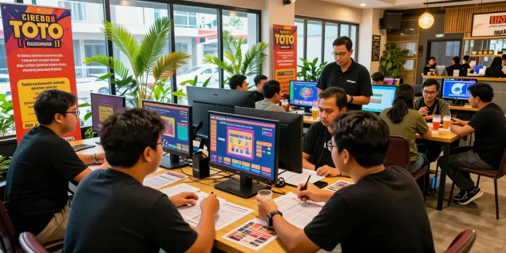 Suasana Cirebon Toto yang ramai, penggemar diskusi dengan santai sambil bermain togel online.