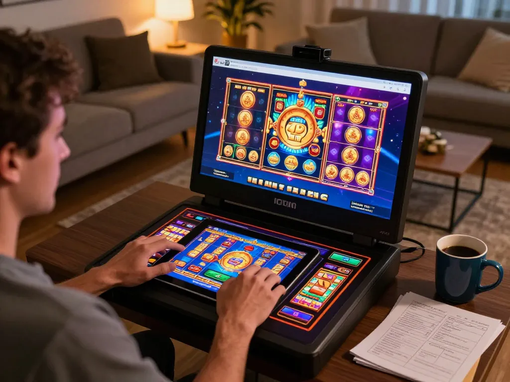 IDNSCORE player enjoying engaging slot games on a tablet in cozy home setting