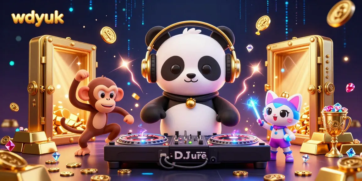 Dance and win at wdyuk with DJ panda and friends in a vibrant 3D casino scene.