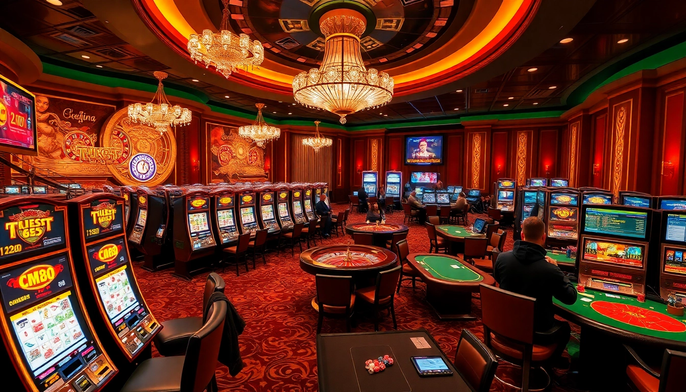 Engaged players at CM88 casino tables enjoying an exciting gaming experience with vibrant slot machines.