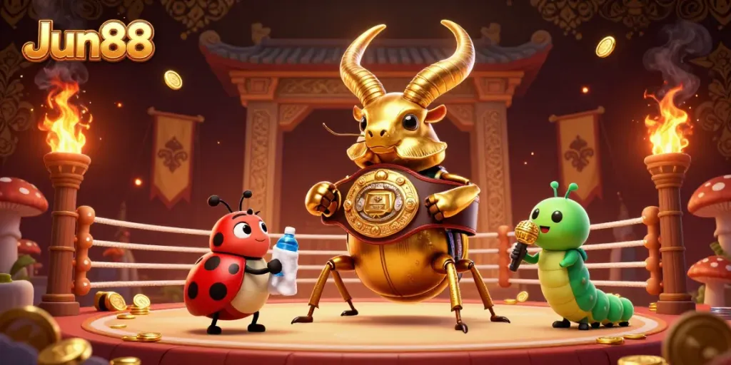 Engage with the thrilling atmosphere of Jun88's unique casino experience, highlighted by a giant golden stag beetle champion.