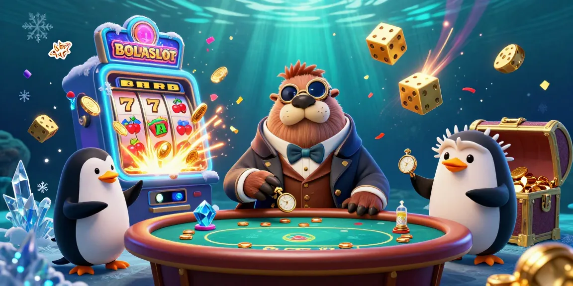 BOLASLOT showcases a dynamic underwater casino scene with whimsical characters, vibrant gaming elements, and a jackpot explosion.