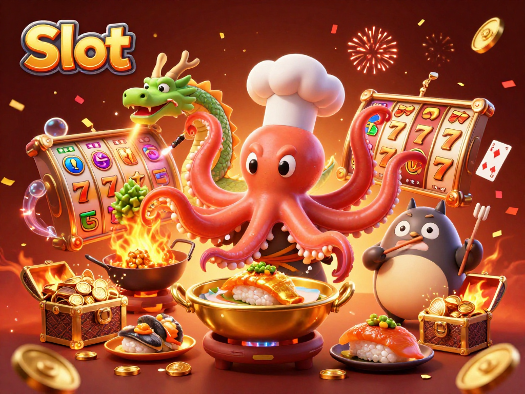 Spin the Slot reels with the cartoon octopus and dragon in a vibrant casino scene.