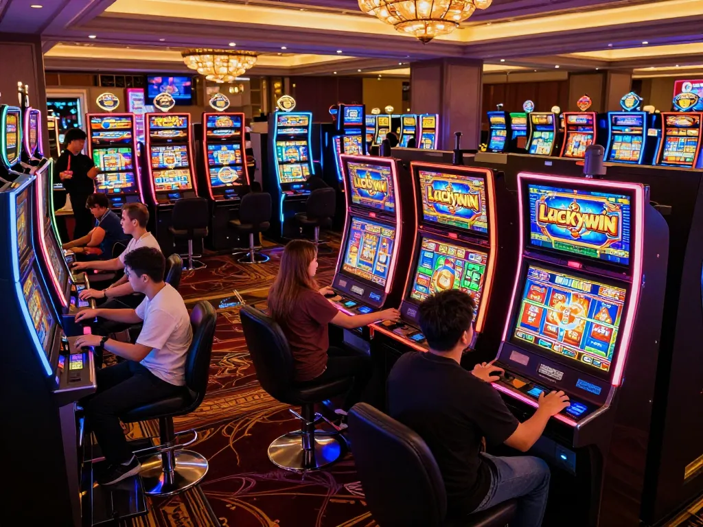 Engaging players enjoy Luckywin nổ hũ at colorful slot machines in a vibrant casino atmosphere