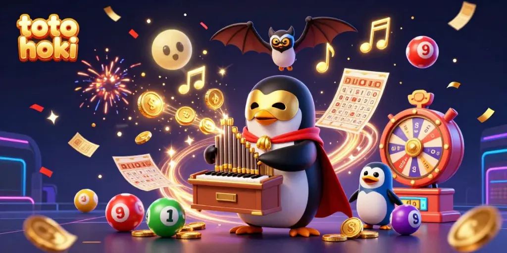 Permainan toto hoki yang memikat dengan penguin opera, koin emas, dan simbol lotere berwarna cerah.