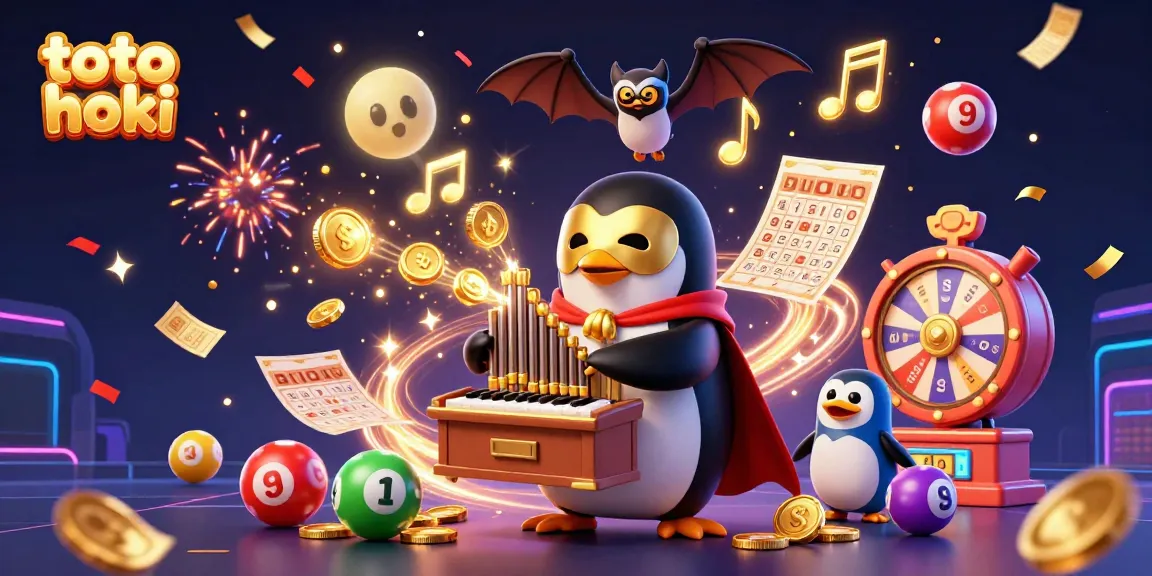 Permainan toto hoki yang memikat dengan penguin opera, koin emas, dan simbol lotere berwarna cerah.