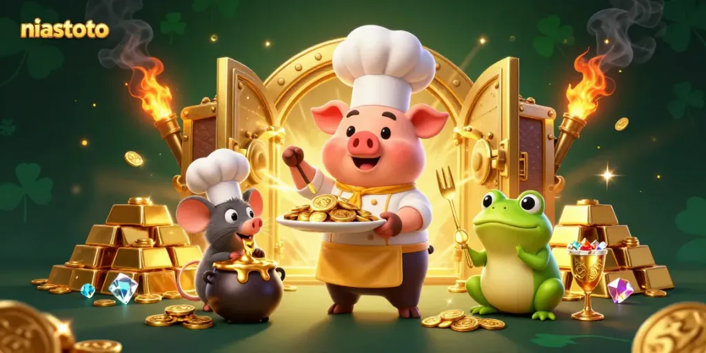 Experience niastoto's vibrant casino world with a chef pig, sous-chef mouse, and critic frog in a treasure-filled scene.
