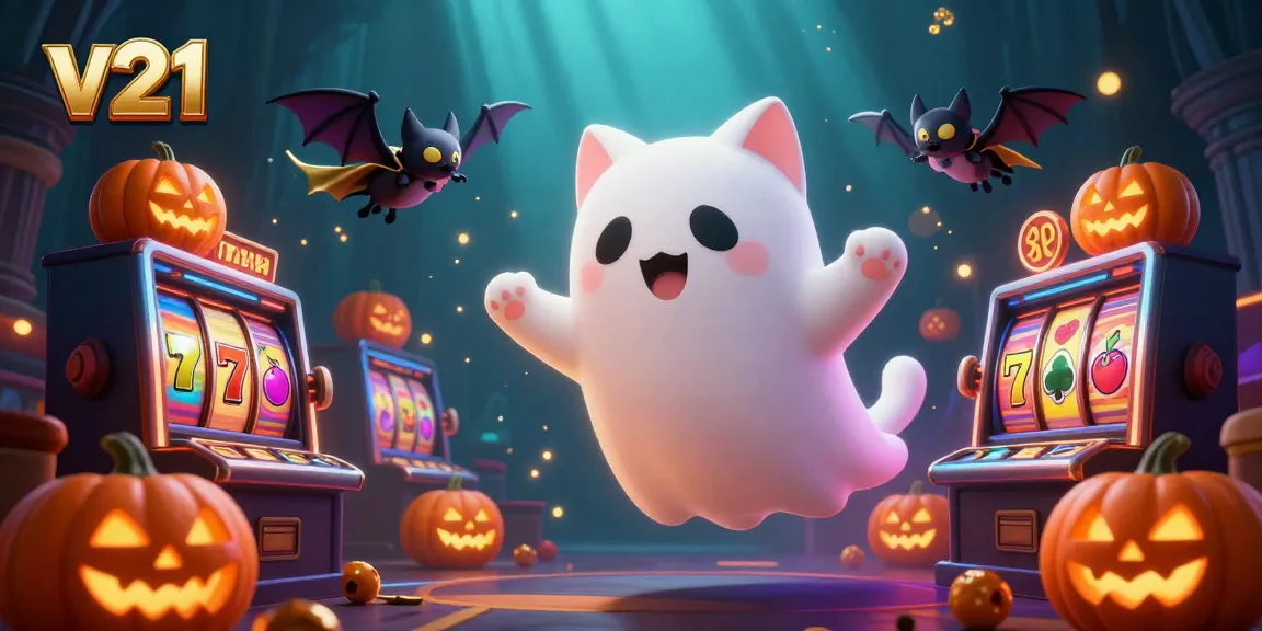 Menyaksikan v21, kucing hantu kartun ceria melintasi kasino berhantu antara slot dan jack-o-lantern bersinar.