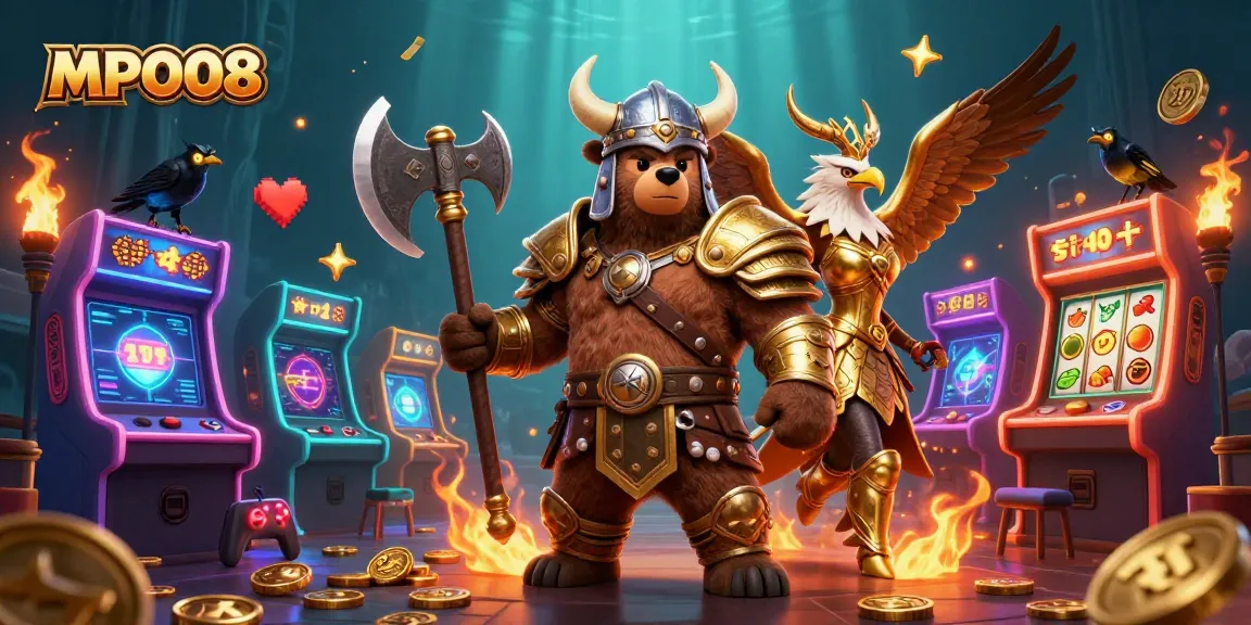 Experience exciting gameplay with MPO08 through a dynamic, colorful casino scene filled with characters and slots.