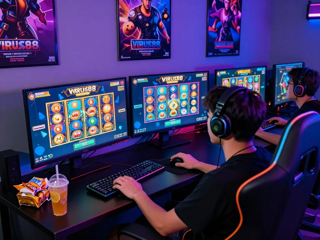 Pemain menikmati permainan slot VIRUS88 di dua monitor dalam pengaturan permainan yang cerah