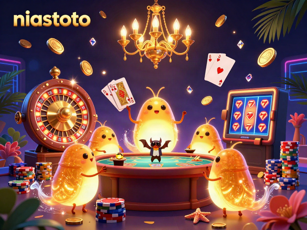Engage with niastoto's vibrant 3D casino, featuring glowworms and a bat dealer under dynamic lights.