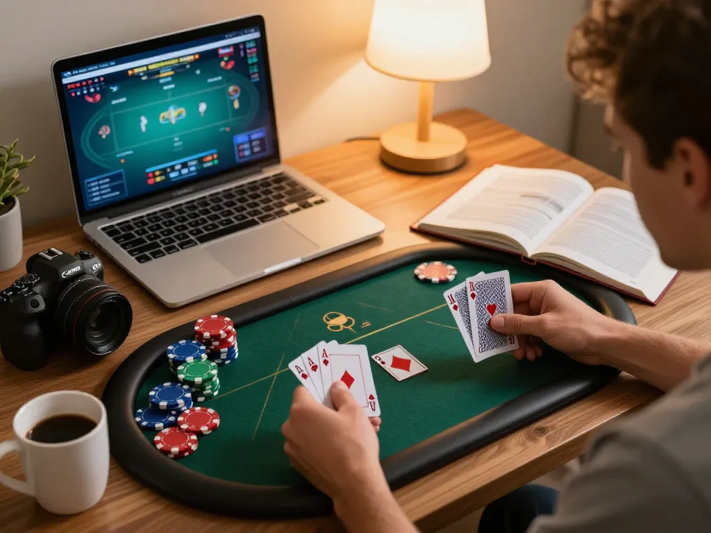 Engaged player maximizing their tg88 poker strategy on a tablet during a cozy home gaming session.