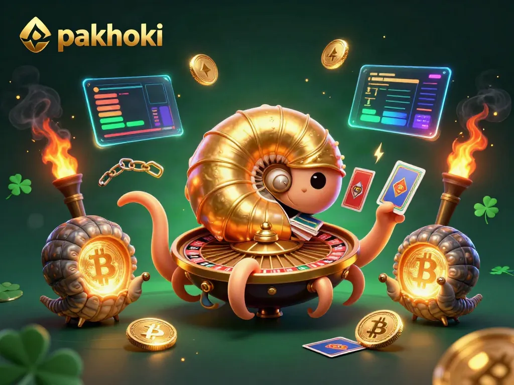 Permainan pakhoki menarik dengan nautilus raksasa, kartu, dan koin kripto berkilau.