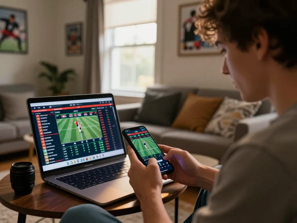 LIGALGO player analyzing live sports odds on smartphone, showcasing strategic betting elements