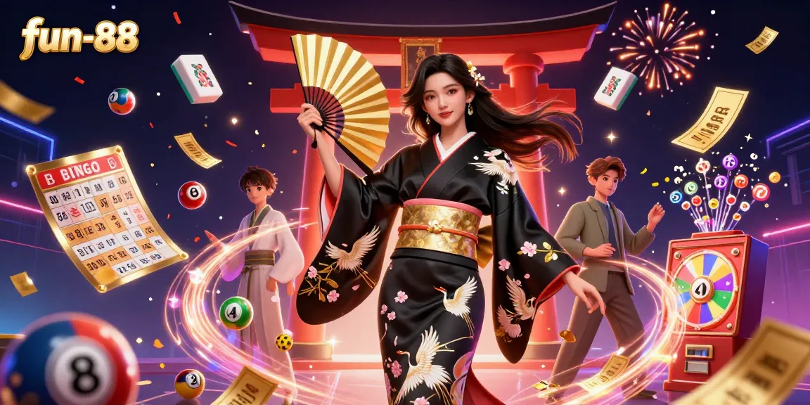 Engage in fun-88 casino excitement with an elegant Asian character amid dynamic lottery elements and vibrant visuals.