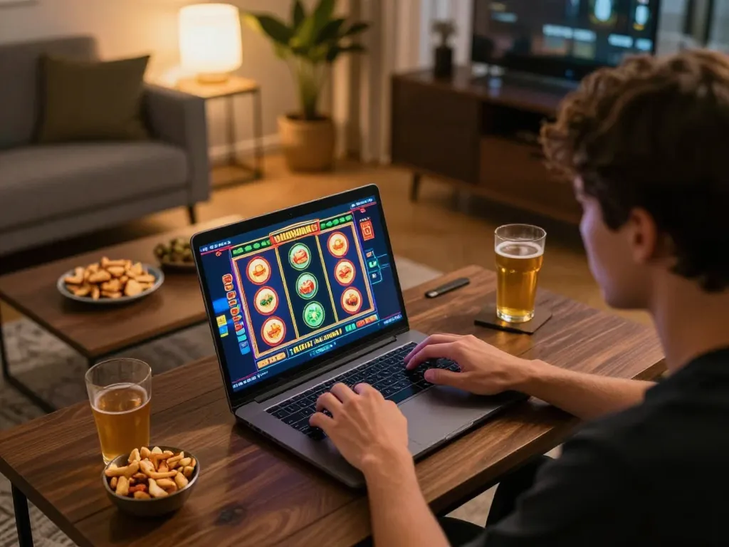 Engaged gamer experiencing LGOGOAL slot games on a laptop in a cozy home environment.
